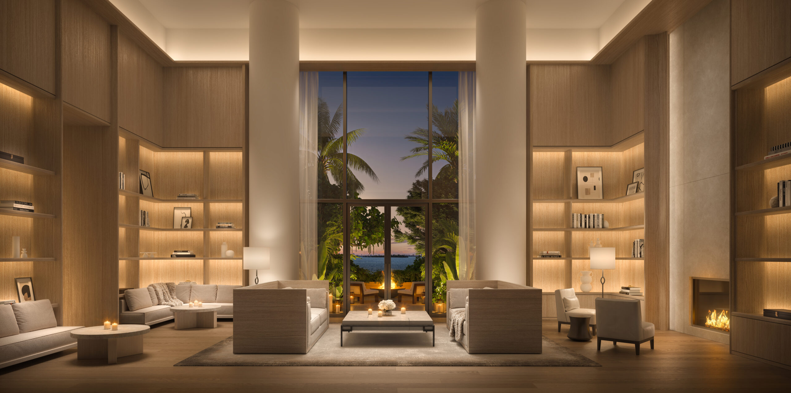 Well-decorated living space of the residence with dim lighting all around the room