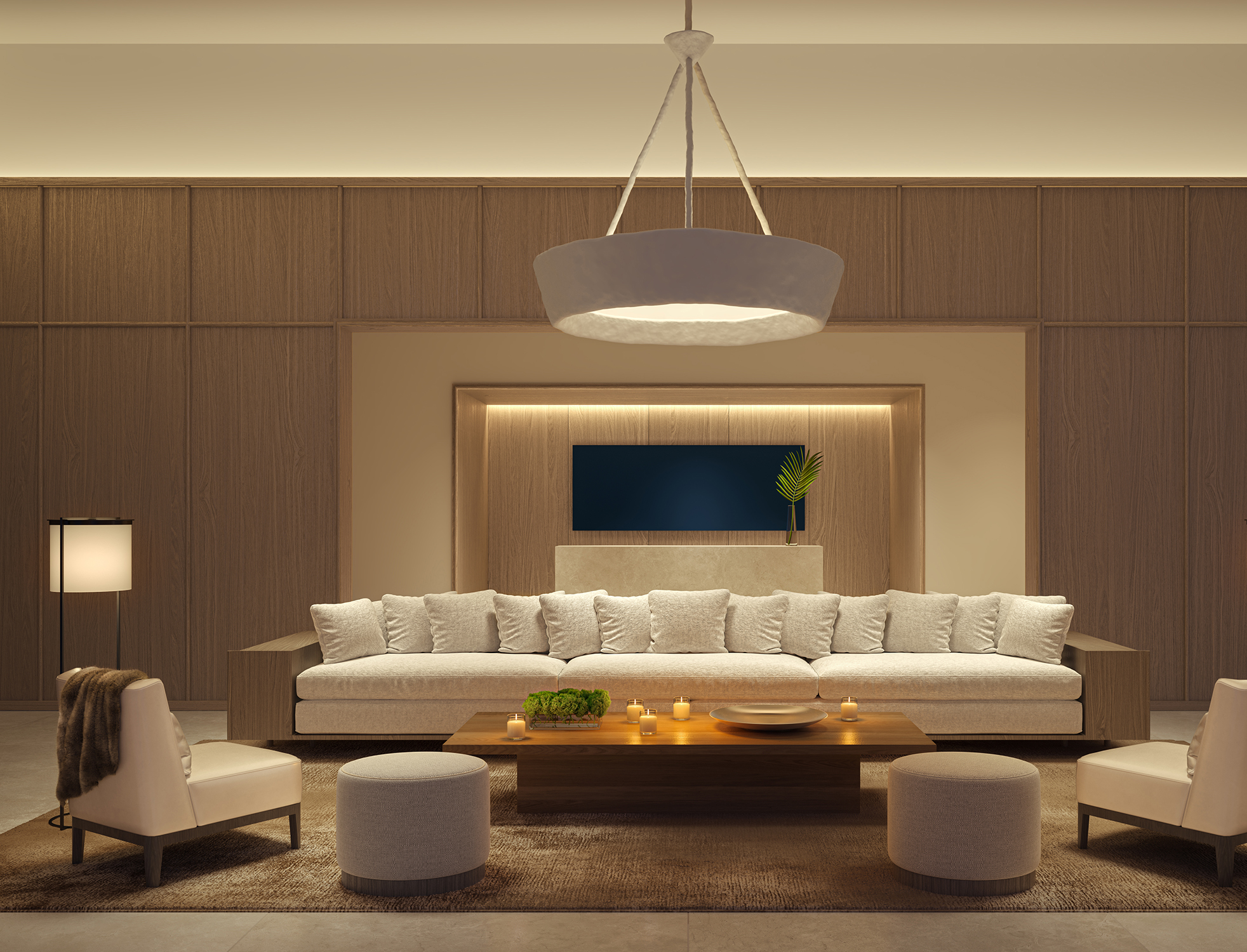 Well-decorated living area of the residence with beautiful hanging light