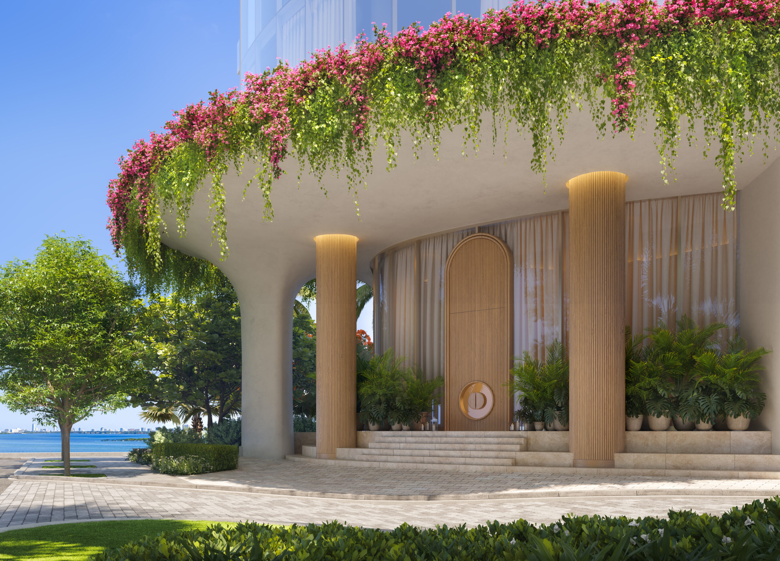 The building entrance adorned with plants, trees, and lights, creating a welcoming and visually appealing atmosphere.